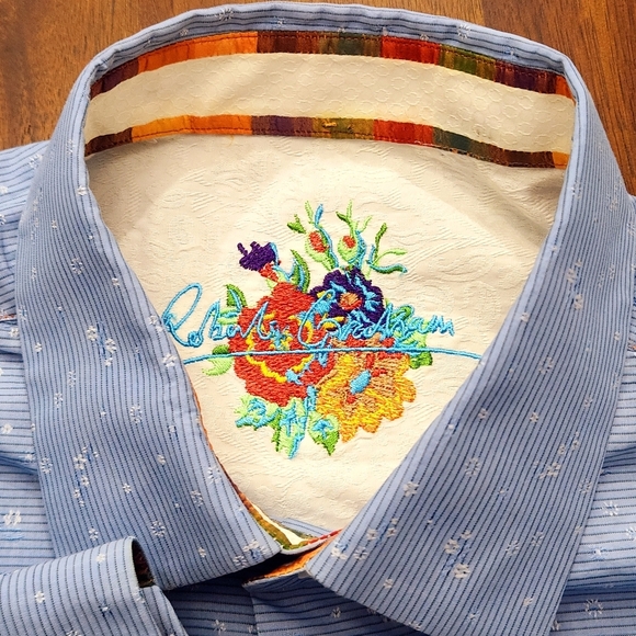 Robert Graham Men’s Shirt Blue XL Floral Allover Silk Embroidery XL Flip Cuffs - Picture 4 of 10